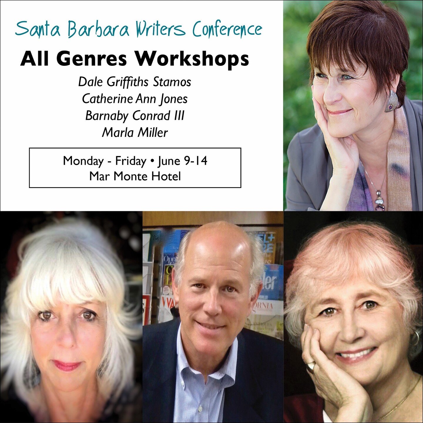 This four workshop leaders cover differing aspects of writing in all genres, structure, story, beginnings and marketability.