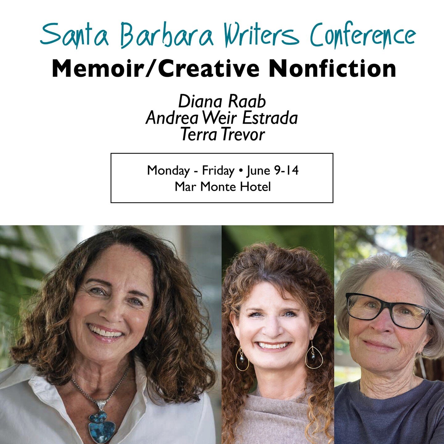Memoir and creative nonfiction is well covered at SBWC. Diana Raab teaches memoir all five mornings. Andrea Weir Estrada and Terra Trevor will switch off to cover creative nonfiction all five afternoons of this June&rsquo;s conference.