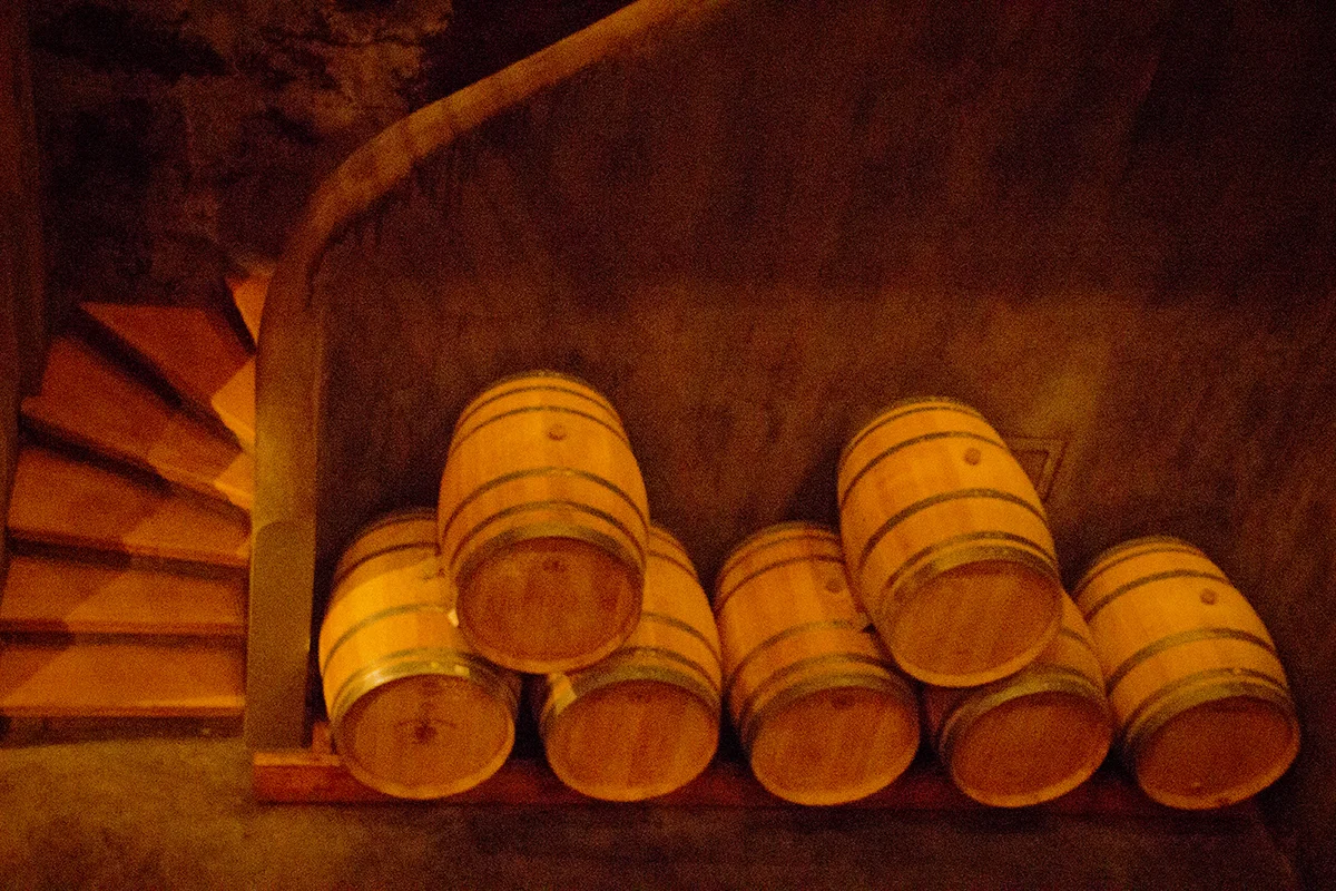 Wine stored in oak barrels, chateau