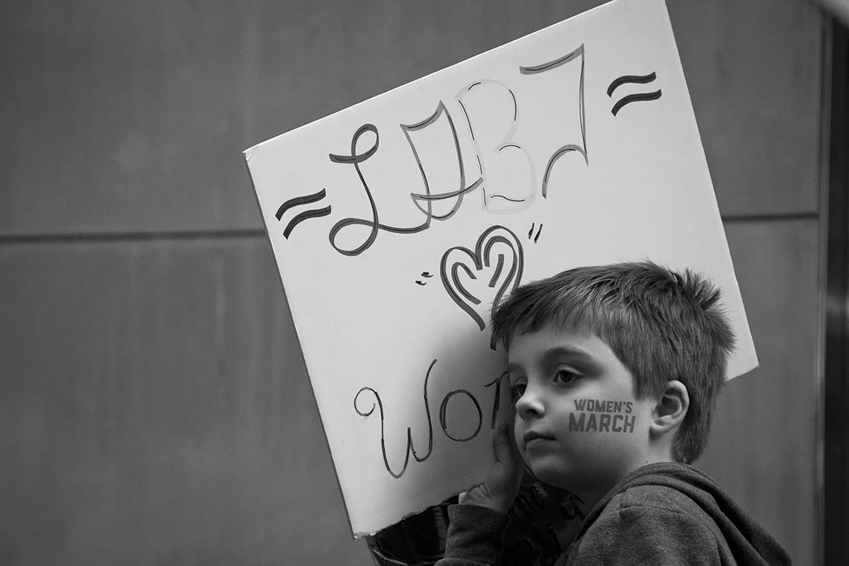Little boy with sign b&wWomen's March NYC January 20, 2017_330.jpg