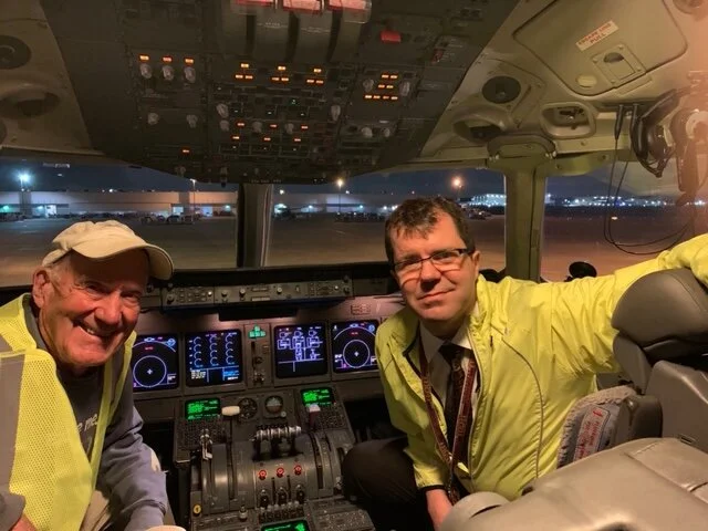 Jeff flies the MD-11 aircraft. With clearance from security, we were able to visit the airplane during the layover. The cockpit sits 19 feet above the ground, and the main landing gear is 39 feet behind the cockpit. During some turns the cockpit is …