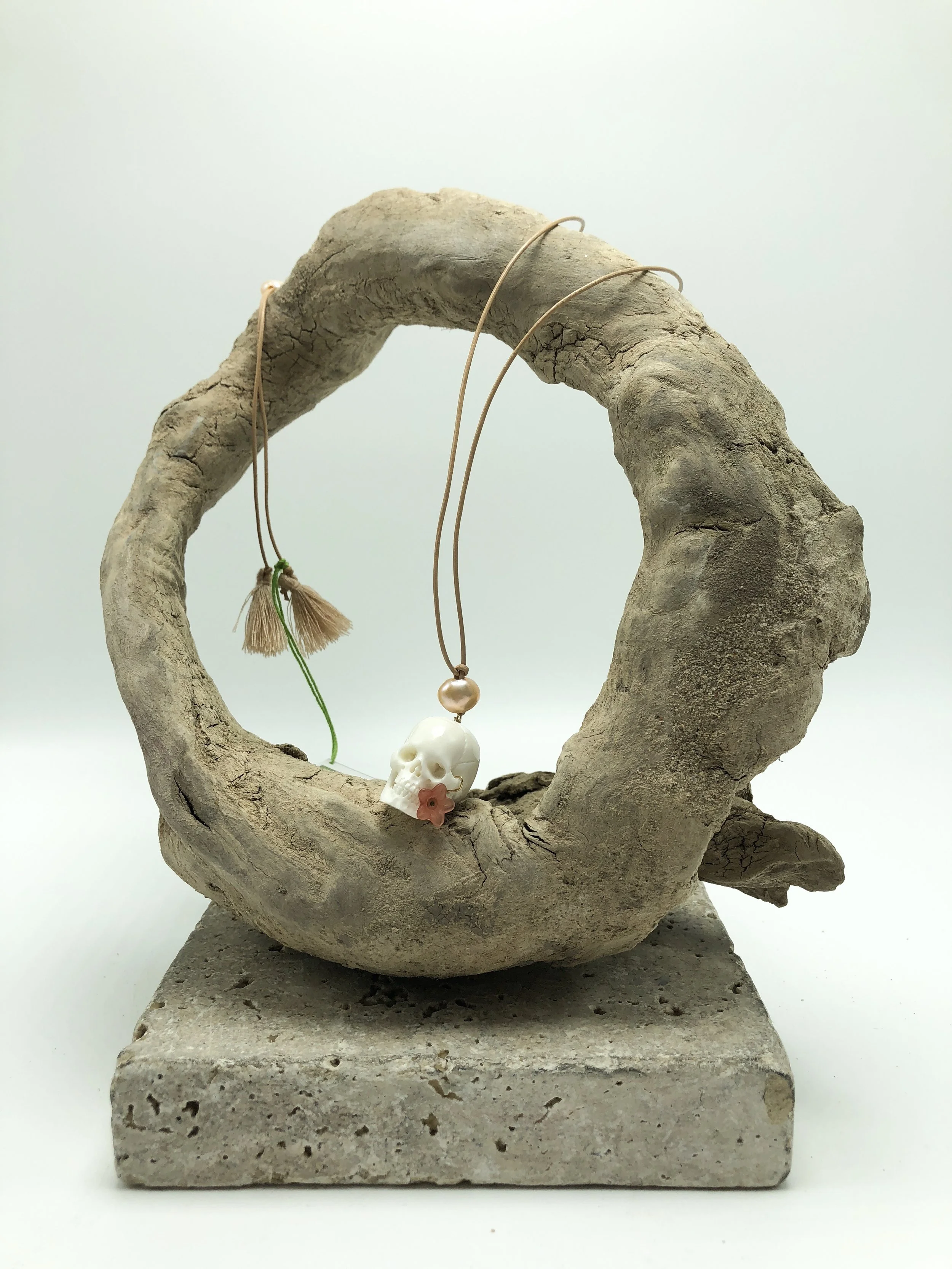 Buffalo Bone Skull with Pink Freshwater Pearls 