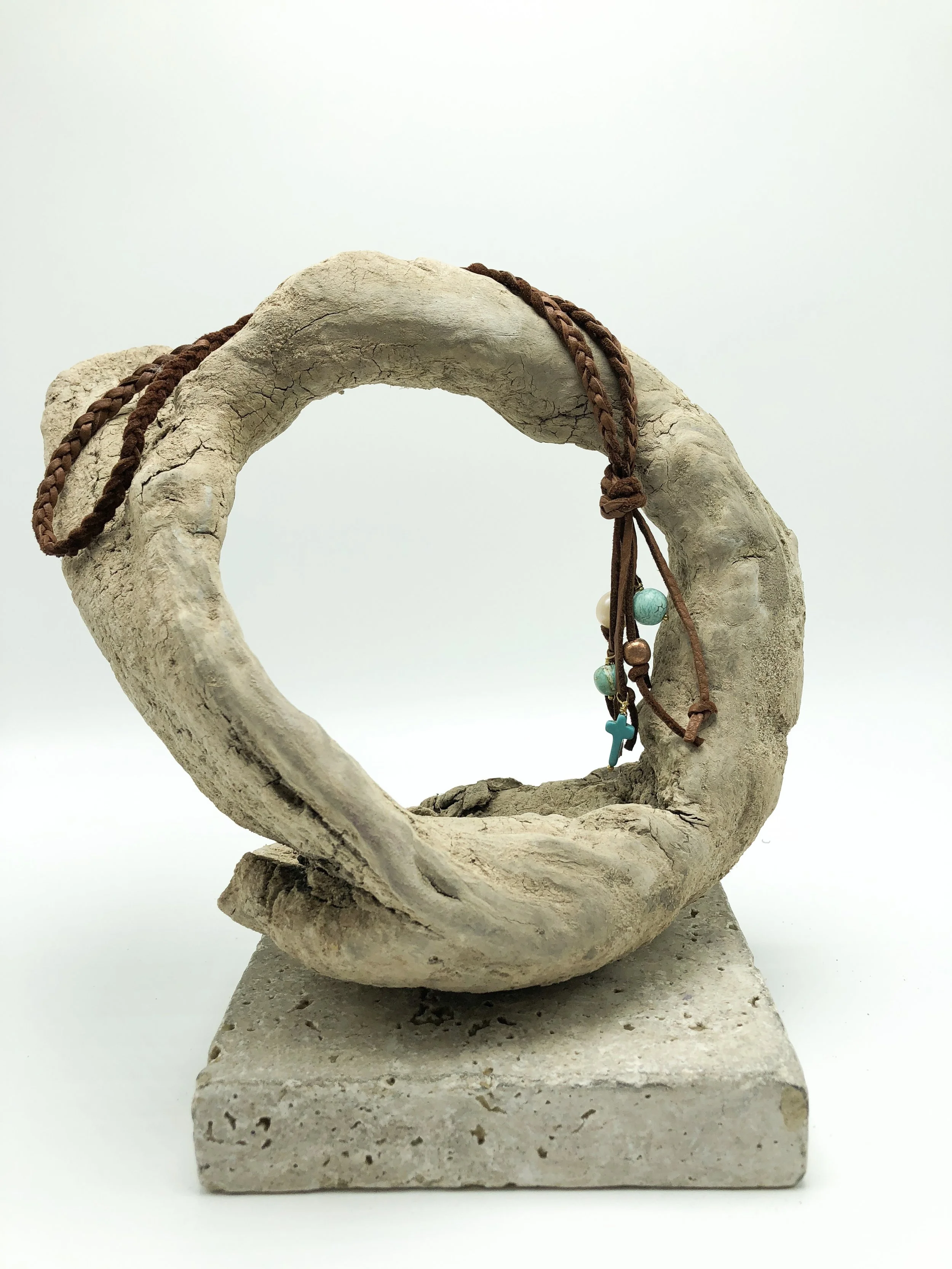 Braided Leather Pearl and Turquoise Necklace 