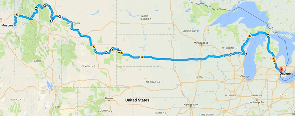 The route of our first leg through Wisconsin to Michigan.
