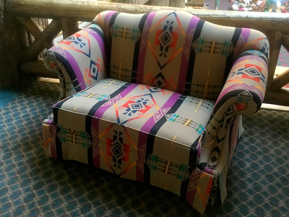 Native American-inspired apolstry on the lobby's second level.
