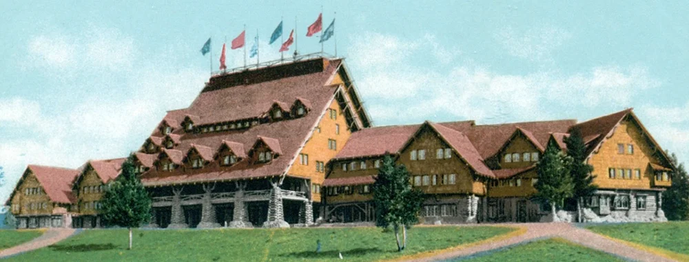 Vintage postcard of the Old Faithful Inn.
