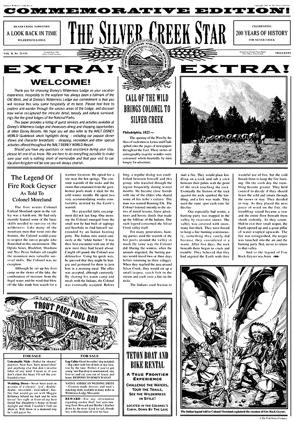 The faux-vintage newspaper once handed out to guests upon check in, The Silver Creek Star. Ⓒ Disney Enterprises, Inc.