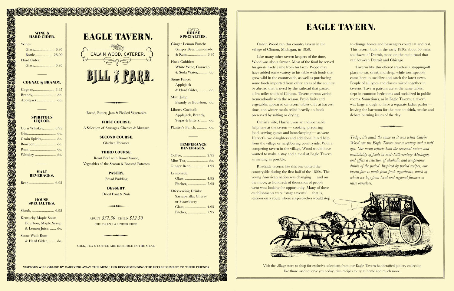 Eagle Tavern Bill of Fare . Click to enlarge and read the tavern’s history.
