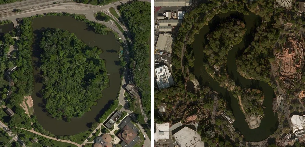 Left: Suwanee Lagoon , Greenfield Village. Right: Rivers of America , Disneyland.