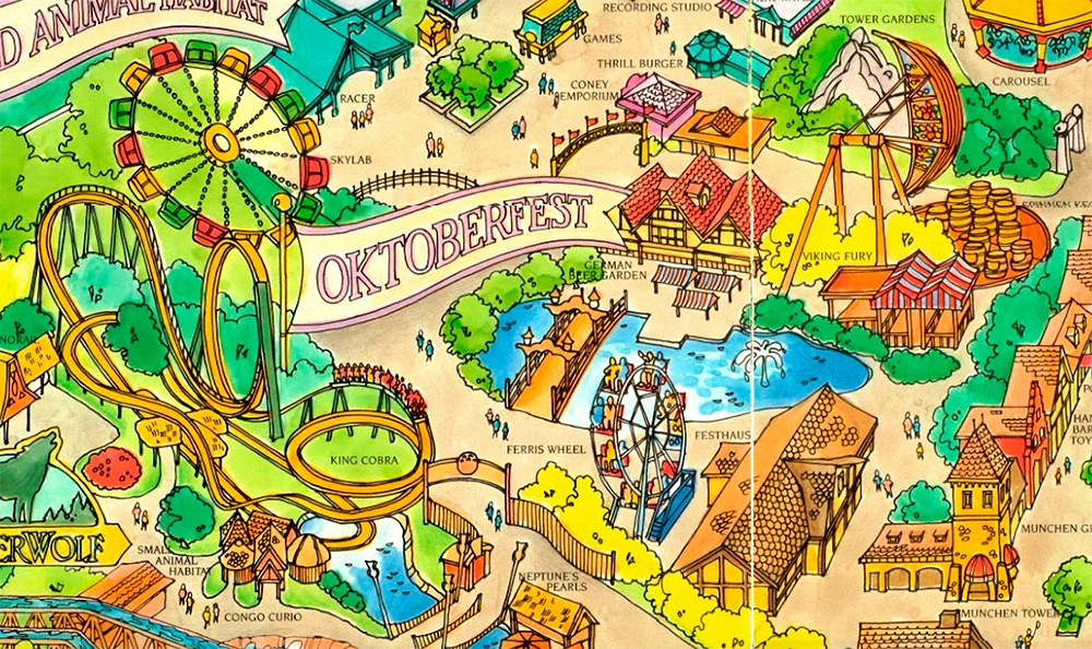 Oktoberfest area on Kings Island 1989 souvenir park map poster.