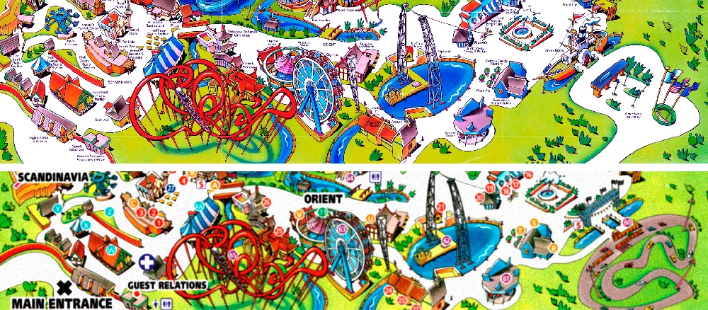 Worlds of Fun park guide maps, 1998 season (top) and 1999 season (bottom).