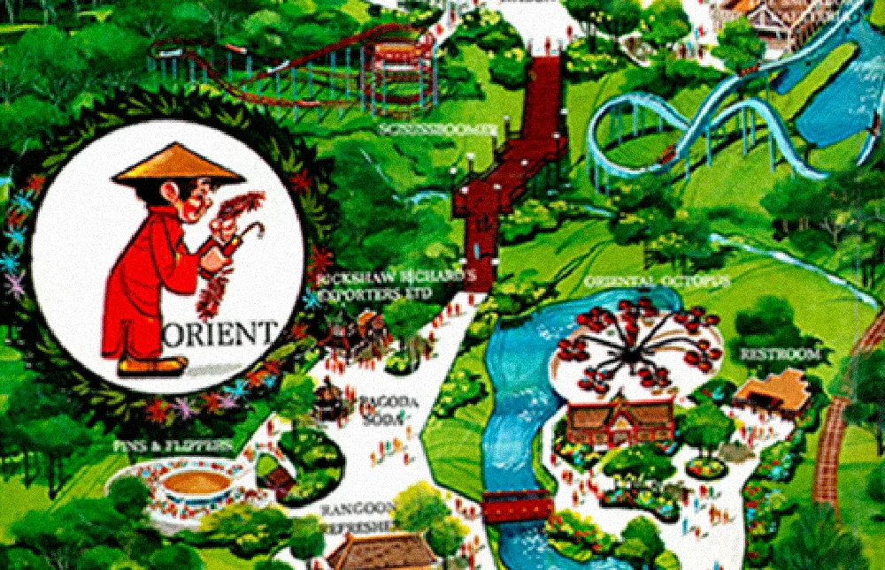 Orient area, Worlds of Fun 1973 souvenir park map poster.