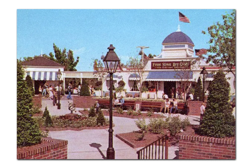 Vintage postcard, original Americana plaza.