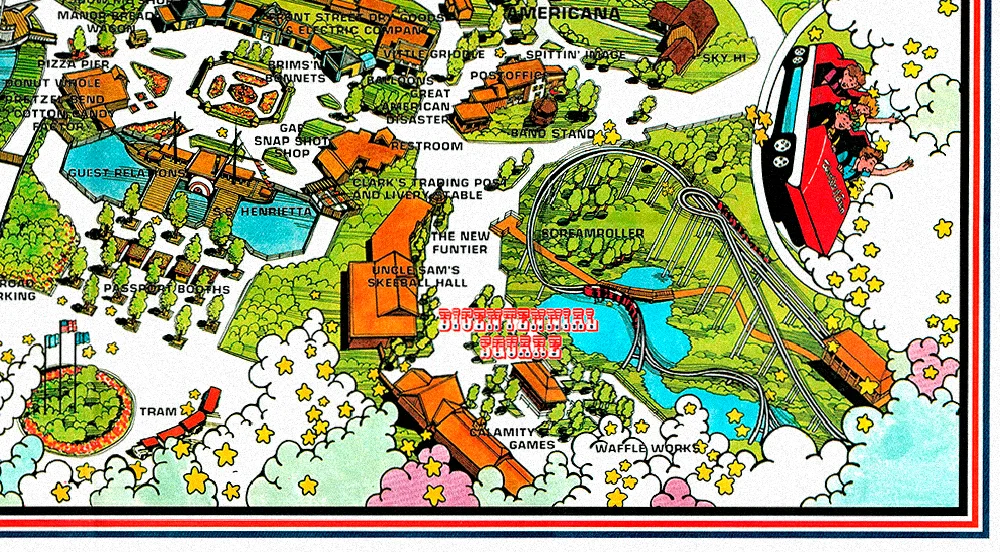 Worlds of Fun 1976 souvenir park map poster featuring Bicentennial Square .