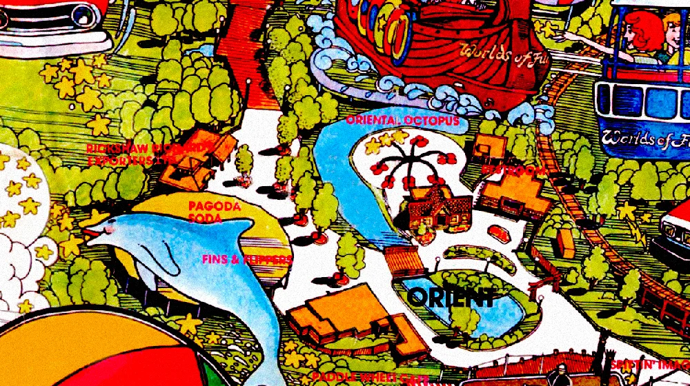 Orient area, Worlds of Fun 1974 souvenir park map poster.