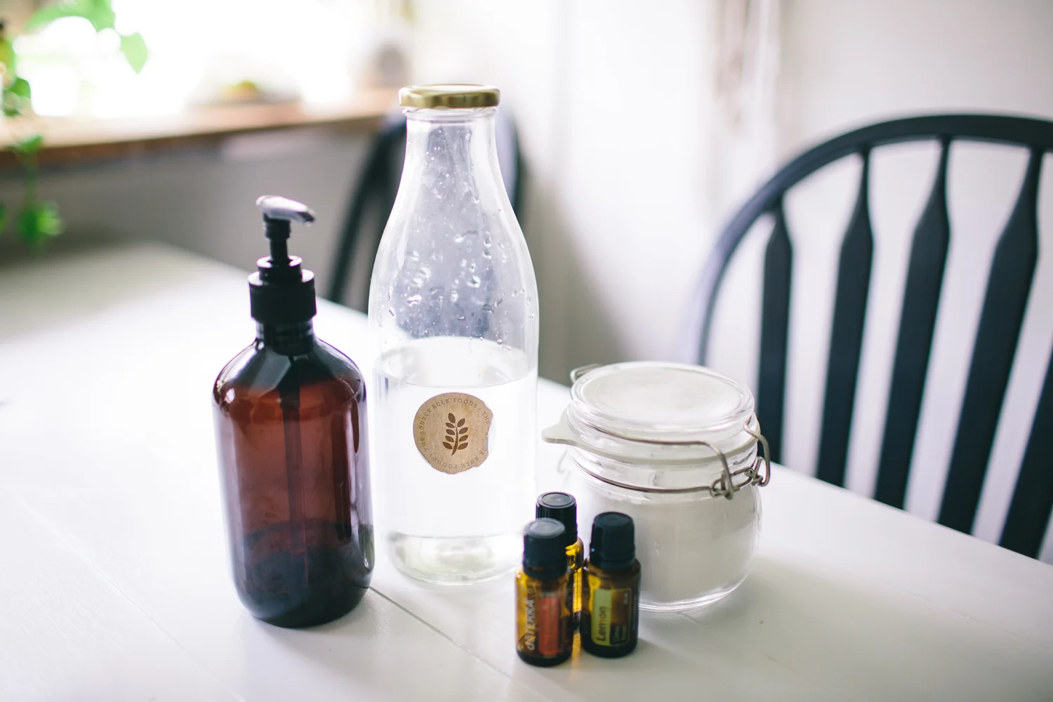 Above: Refillable dishwashing liquid bottle, vinegar, baking soda (bicarb soda) and essential oils. 
