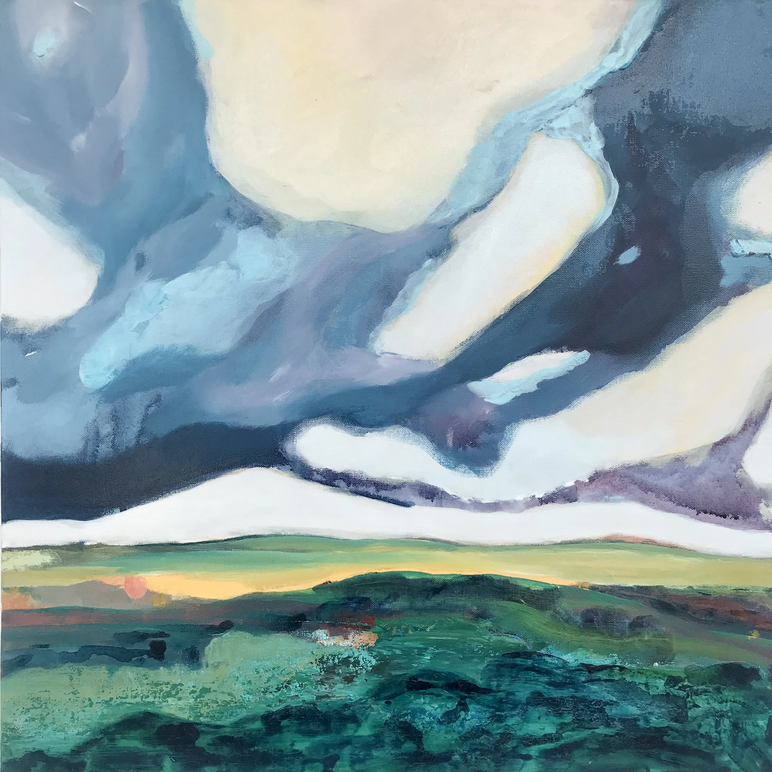 Abstract painting of a landscape with green fields and a dark sky with swirling clouds.