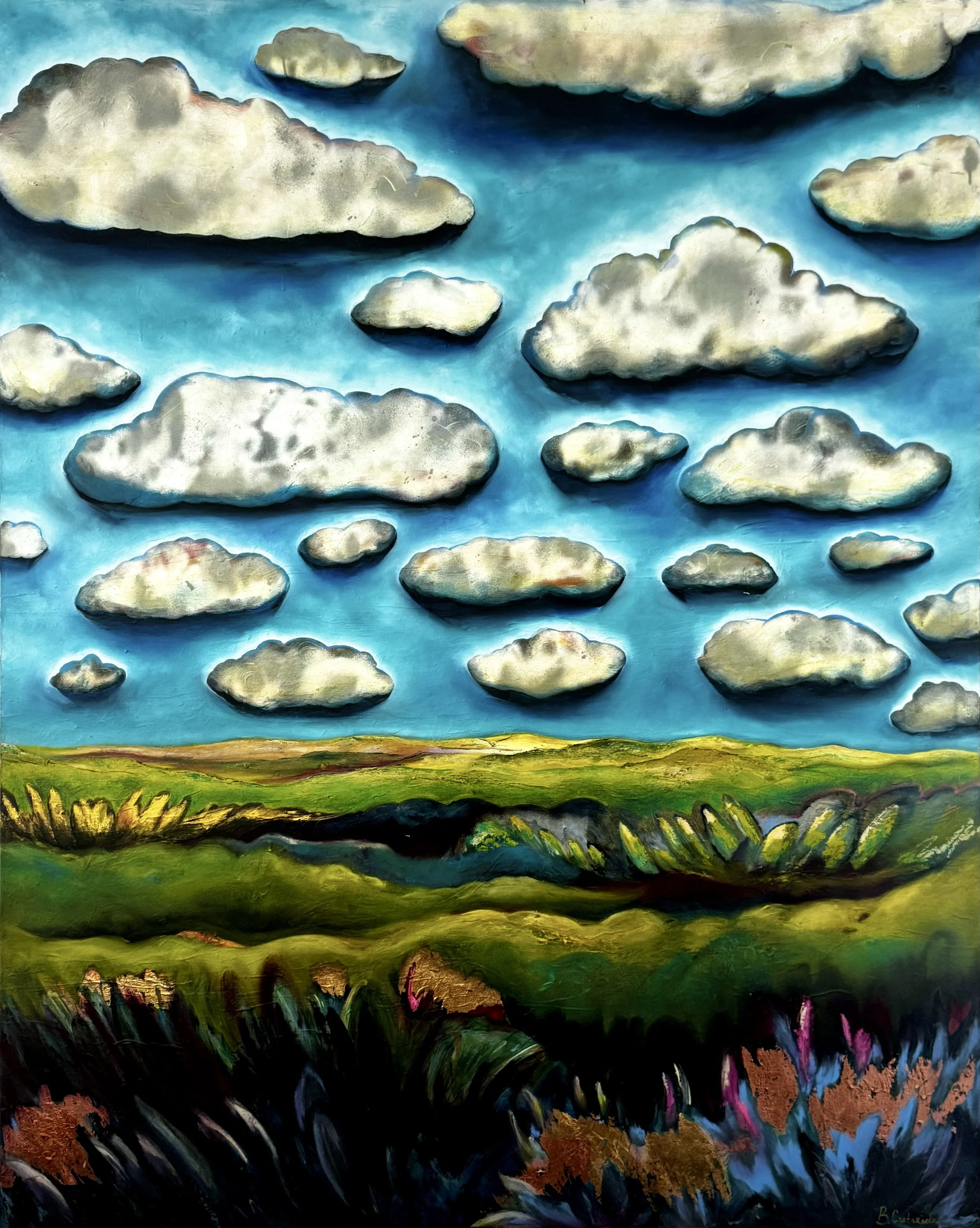 A colorful painting of a landscape with a bright blue sky filled with fluffy white clouds, green fields with patches of yellow and purple, and dark foreground plants.
