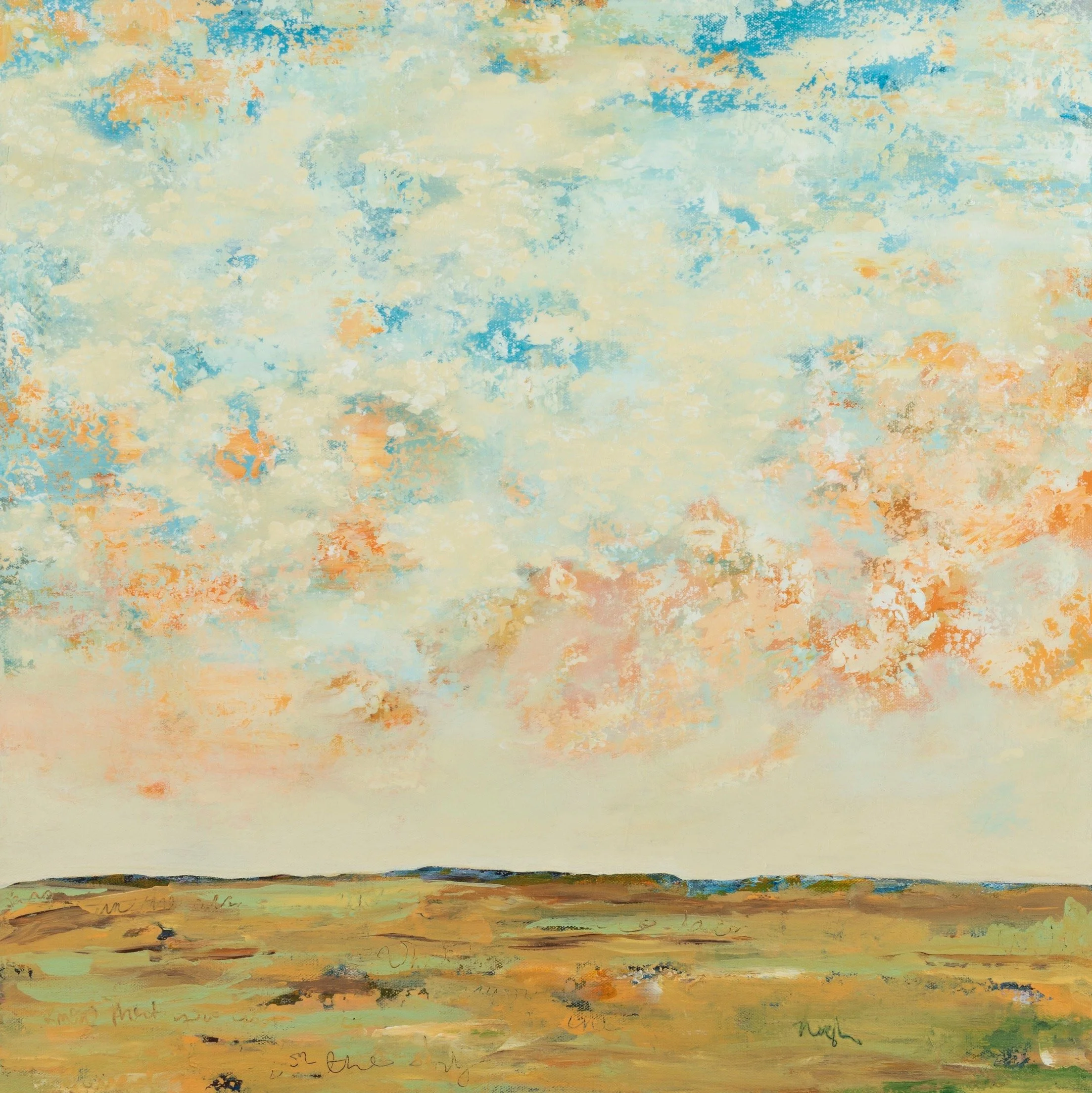 Abstract landscape painting of a vast sky with orange, pink, blue, and white clouds over a brown and green ground.