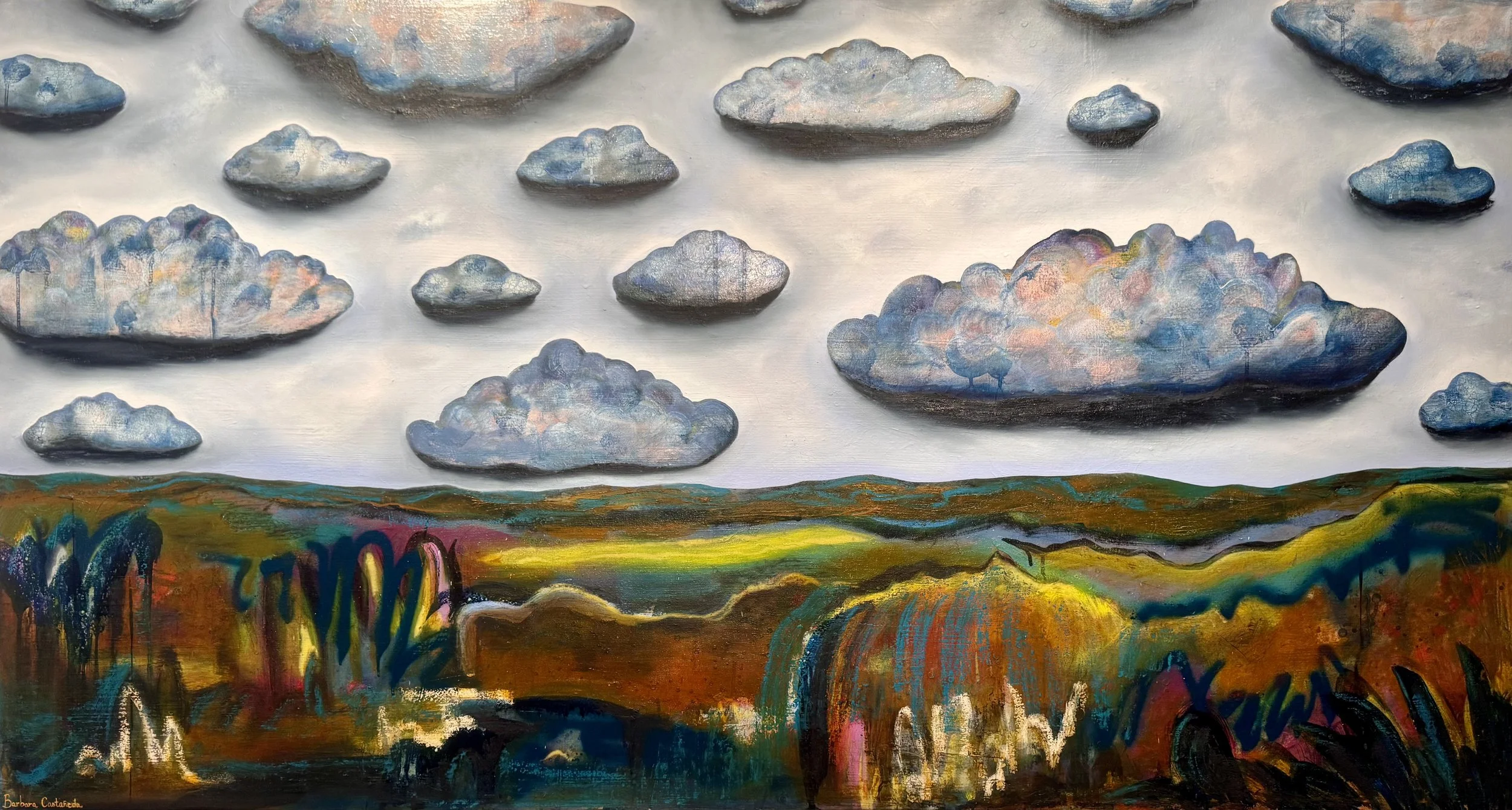 Abstract painting of a landscape with colorful clouds in the sky and a vibrant, multicolored field below.