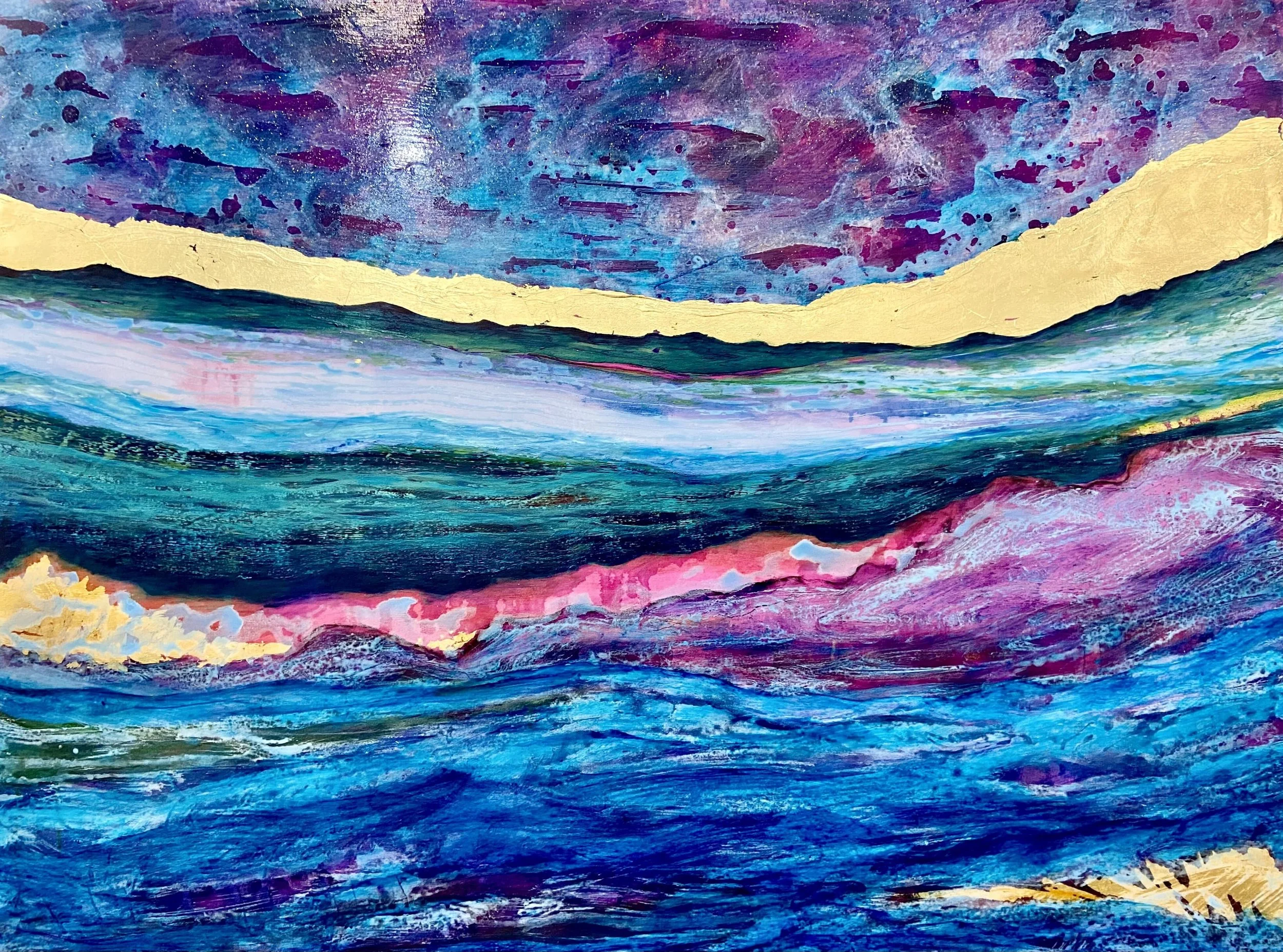 Abstract painting of a seascape with vibrant colors: purple and blue sky, green and black mountains, pink and purple ocean waves, and yellow highlights.