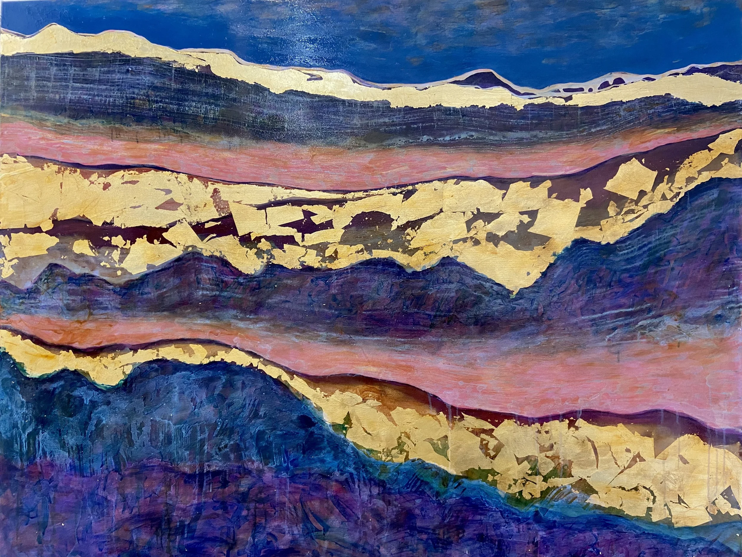 Abstract landscape painting with layered mountain-like shapes in shades of blue, purple, pink, and gold.