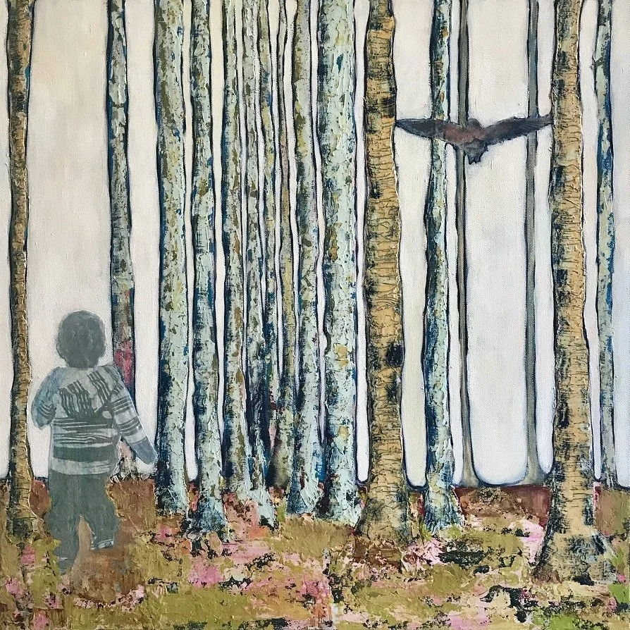 A child walking through a painted forest with tall, slender trees and a bird flying overhead.