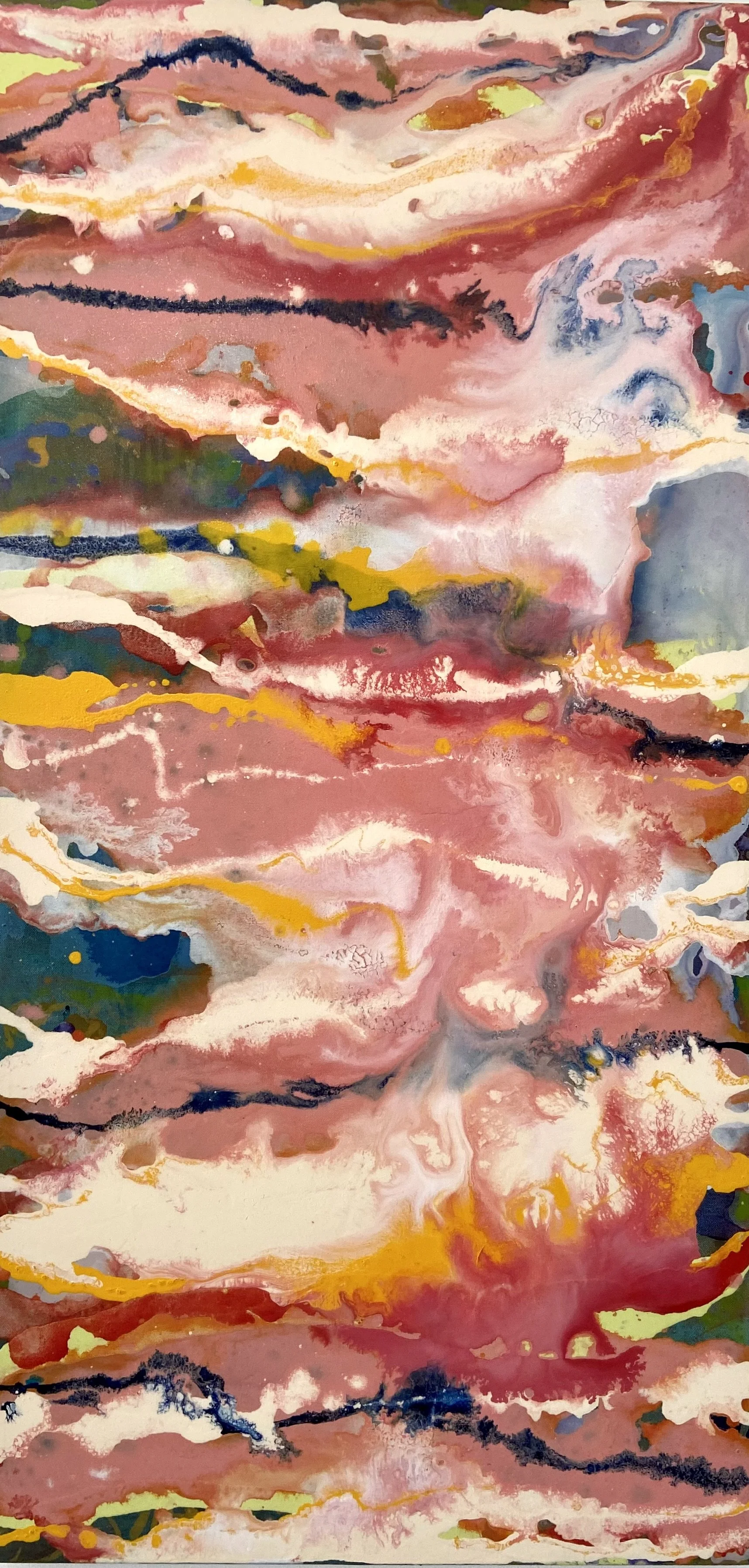 Abstract watercolor painting with swirling shades of pink, yellow, blue, black, and white.