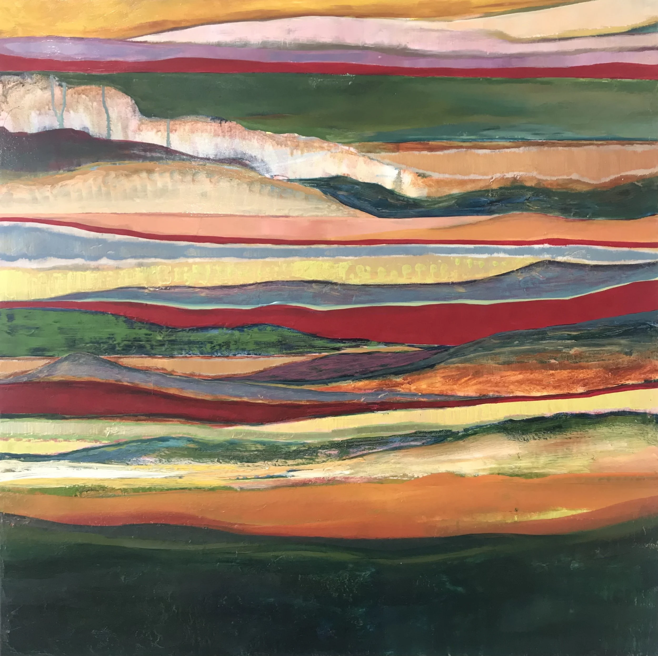Abstract landscape painting with horizontal layers of various colors representing hills and sky.