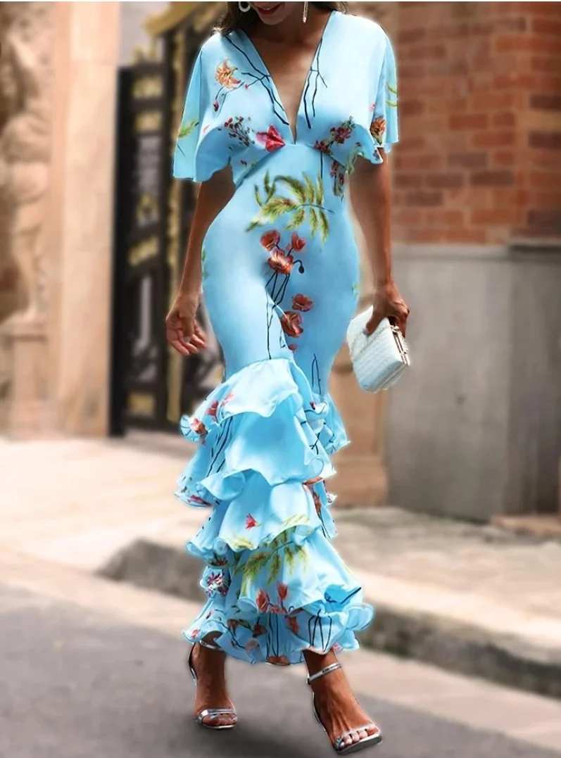 V-Neck Blue Print Fishtail Party Dress.jpg