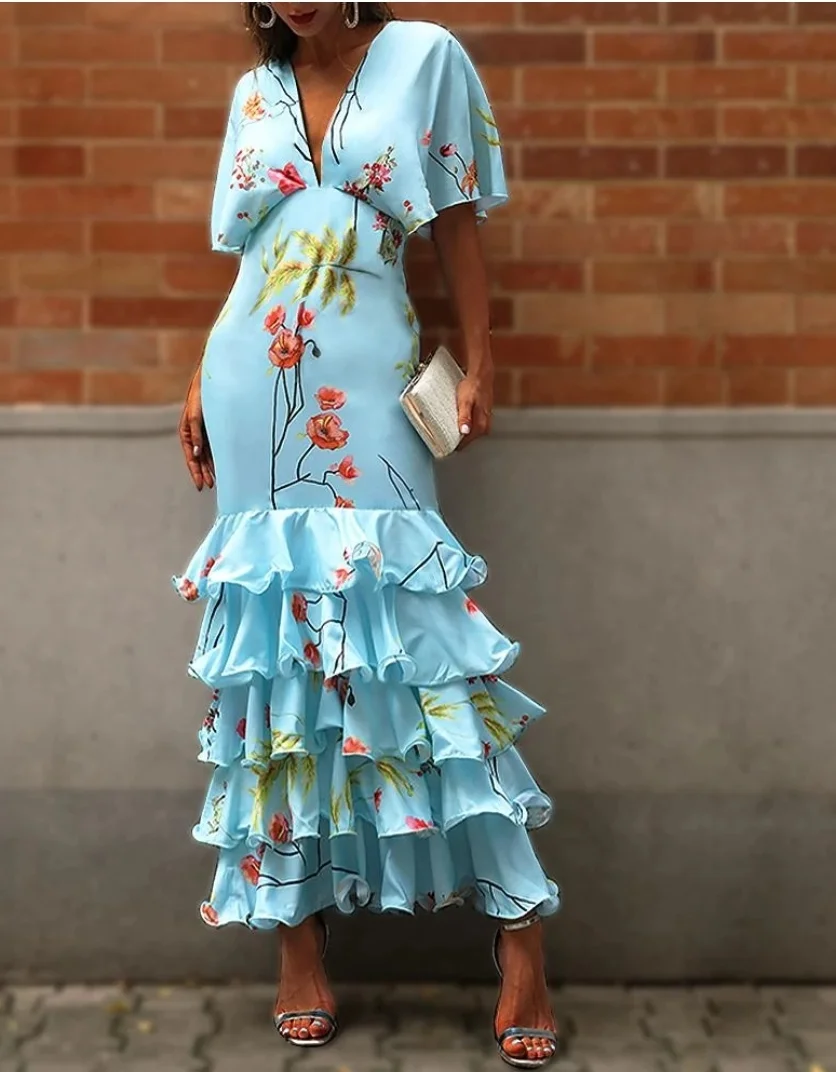 V-Neck Blue Print Fishtail Party Dress (1).jpg