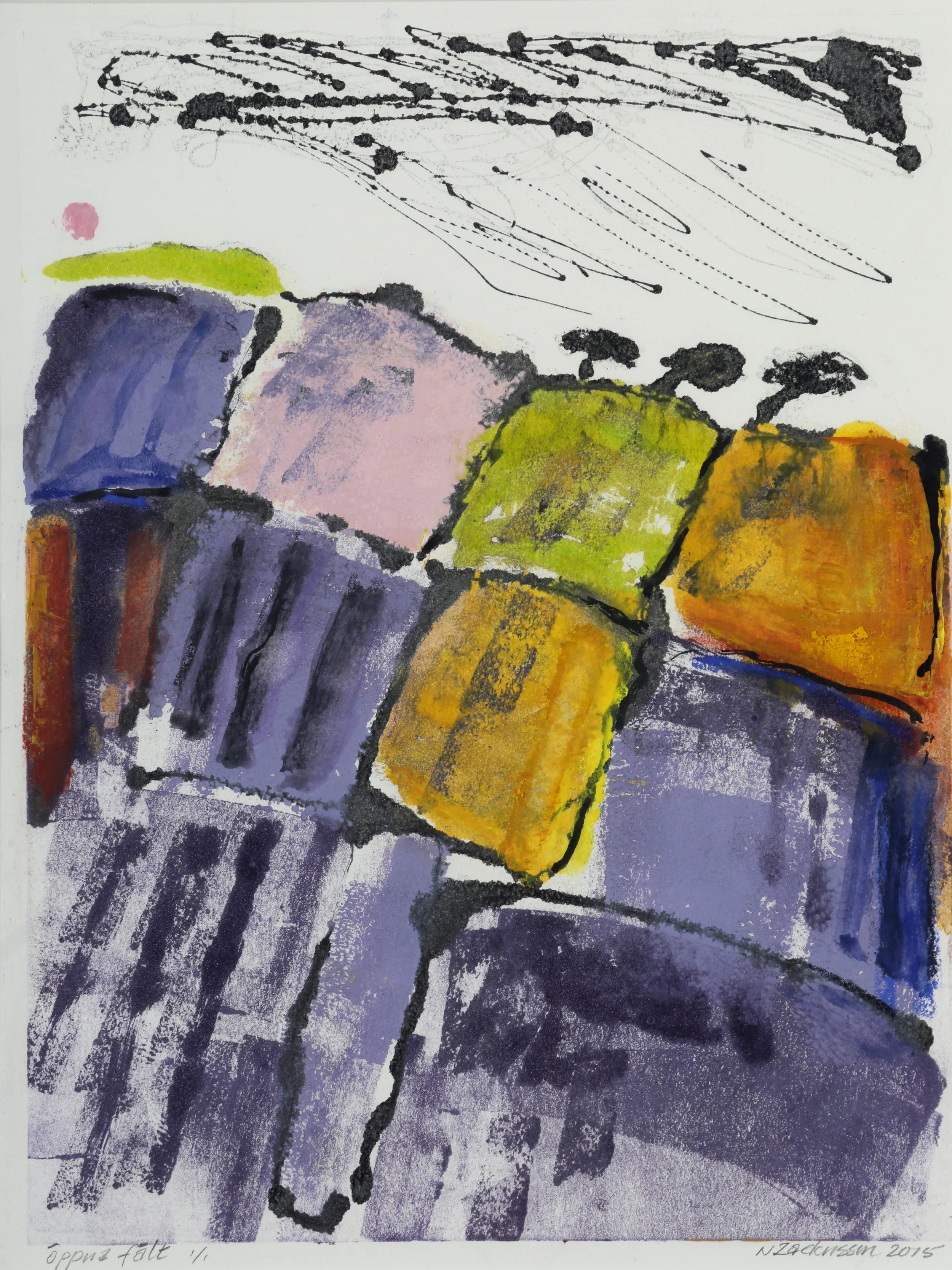 Pink Sun over Fields   14x18  monotype   2015