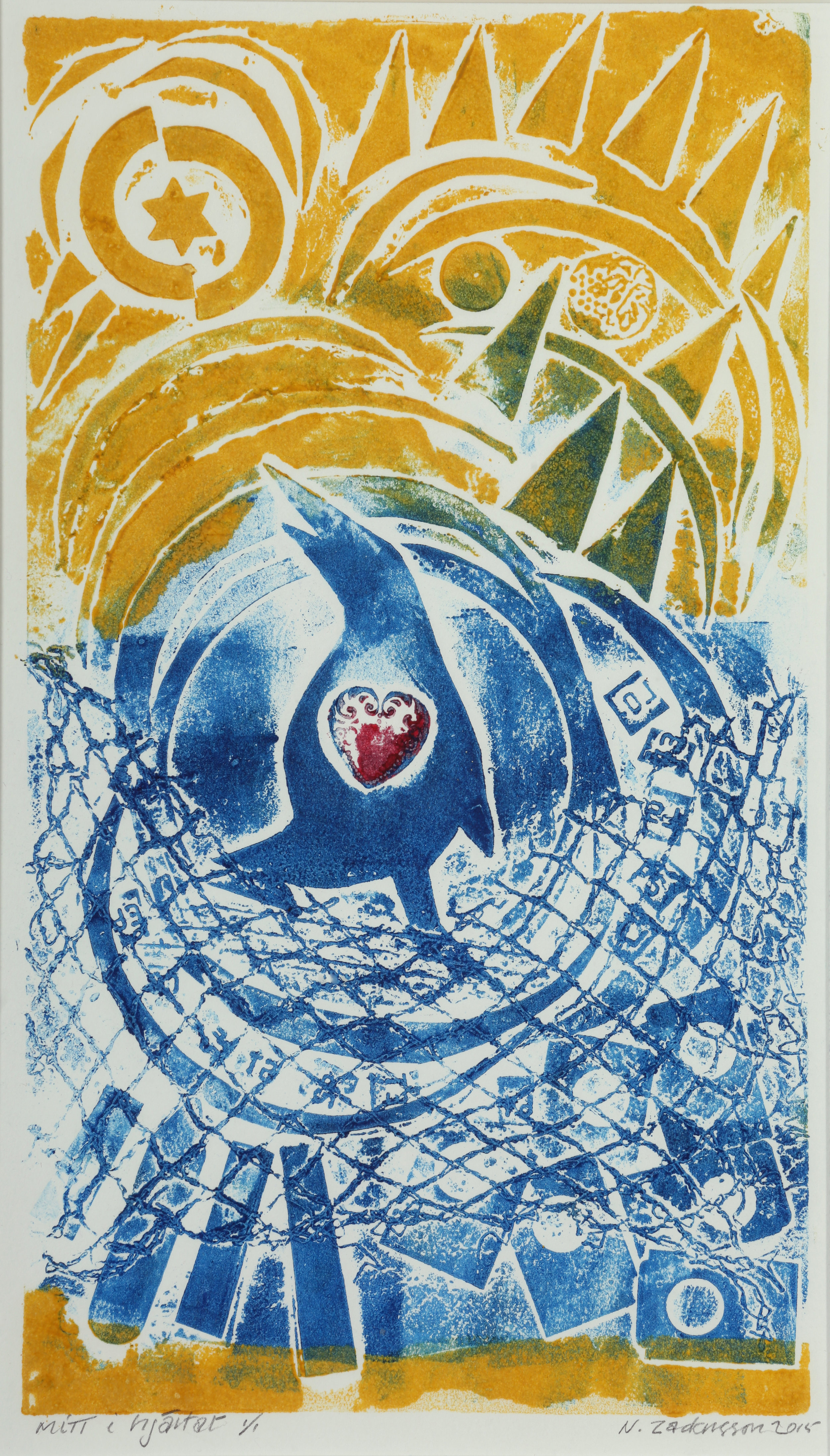 Blue Bird and Yellow Sky  14x18   collograph 2015