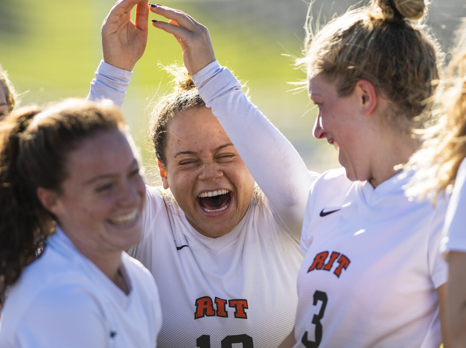  RIT's Jessica Jones (10) laughs before the game against Vassar College in the Liberty League Tournament at Tiger Stadium in Henrietta, N.Y. on Oct. 30, 2018. RIT triumphed over Vassar, originally down 0-2 but scoring a crucial 2 goals in the last 10