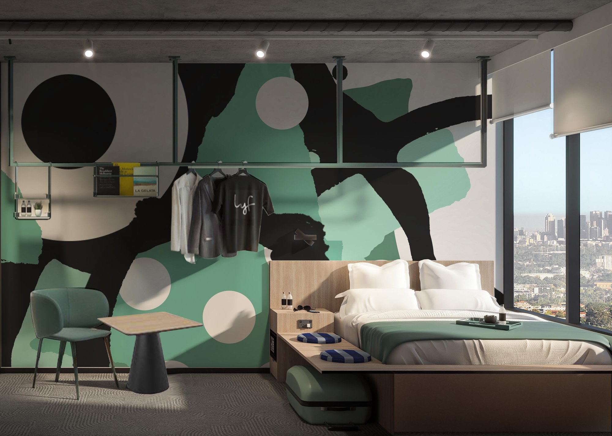 Modern hotel room in Lyf Hotel Collingwood with a large window, abstract Mysterious Al mural wall art, bed with white linens, small table and green chair, and cityscape view.