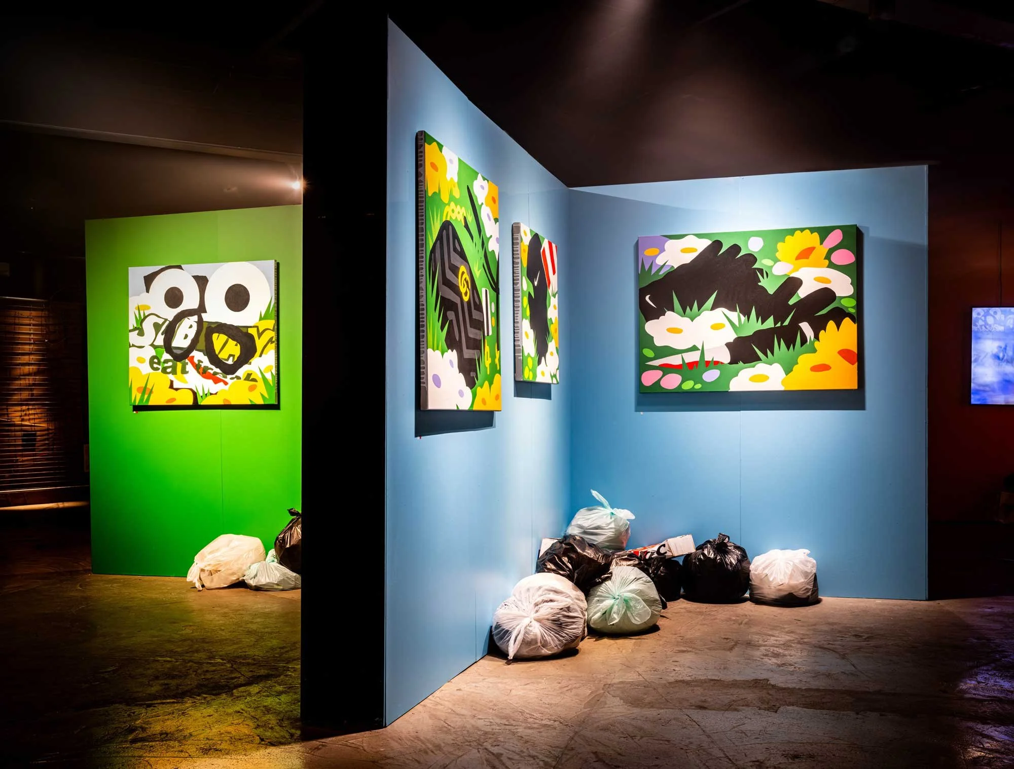 Mysterious al immersive pop up art exhibition Human Nature, Art in disused warehouse, pop-up spaces, colourful, striking contemporary art.
