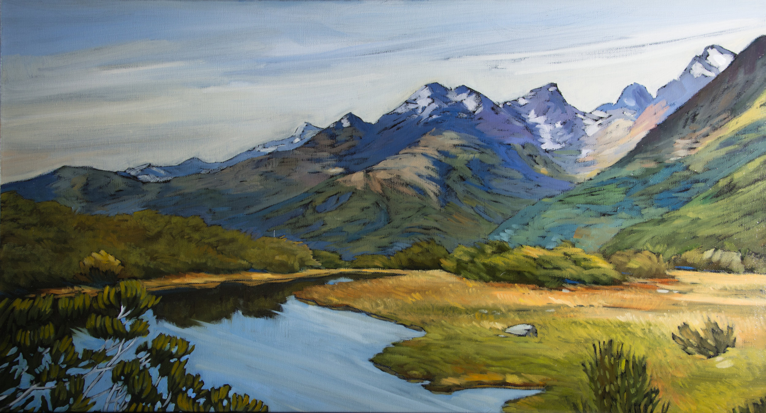 "Southern Alps Tarn" 16 x 30 oil painting. $500. SOLD