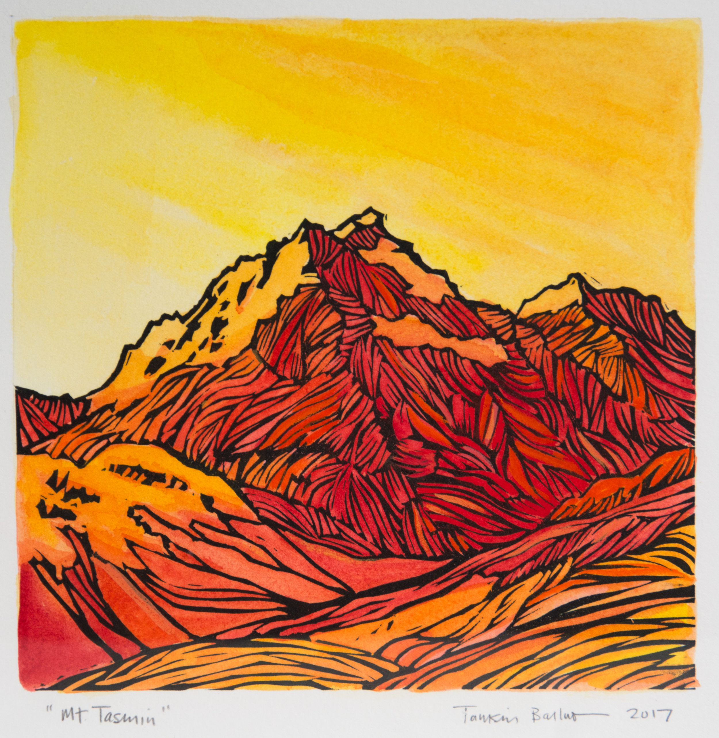 "Aoraki (Mt. Cook), New Zealand" 10 x 10" hand-colored relief print. $150 matted. $175 framed. $550 set of 4, framed.