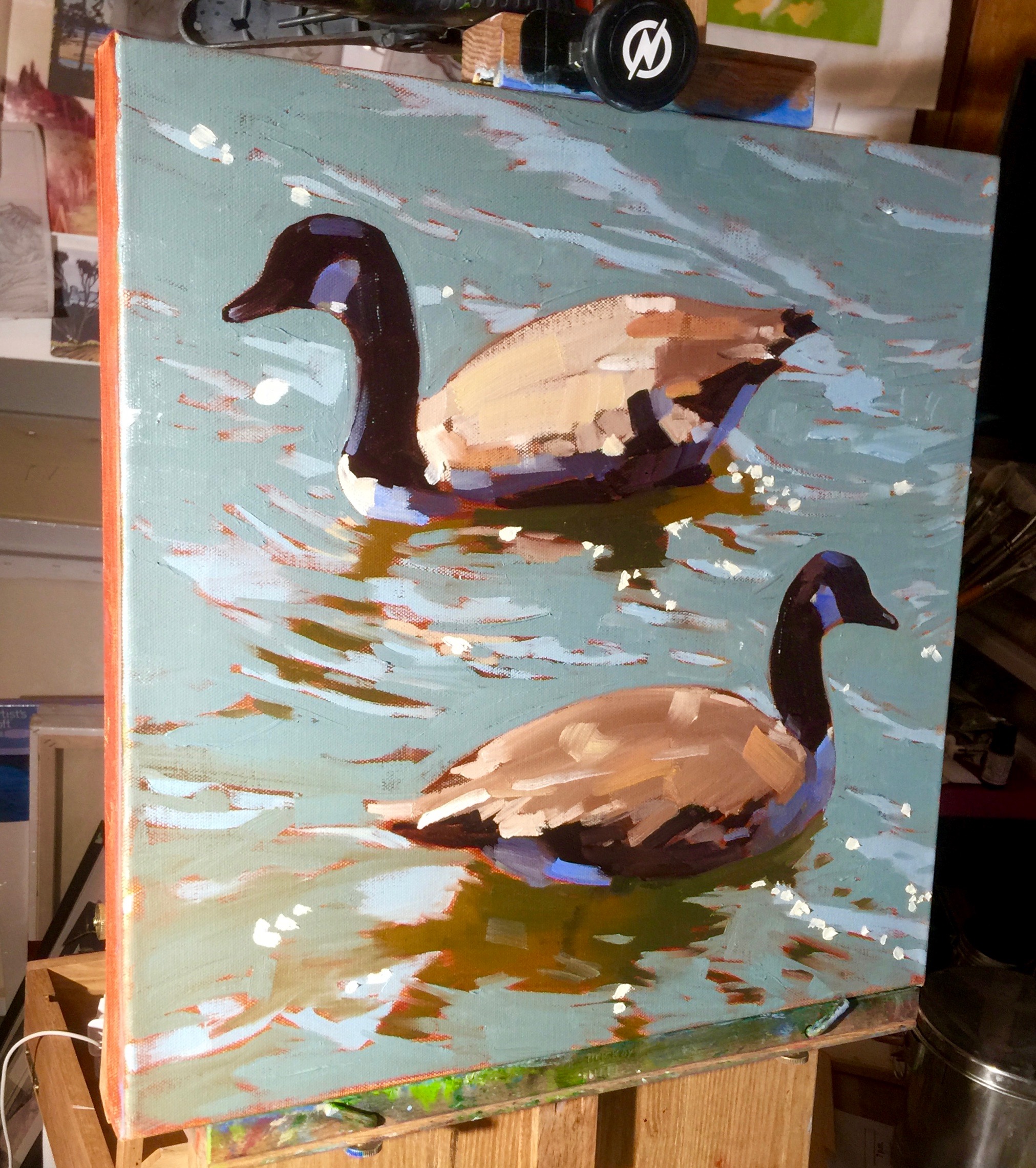 "Geese on Silver Lake" 18 x 18" oil painting, $400, framed. SOLD