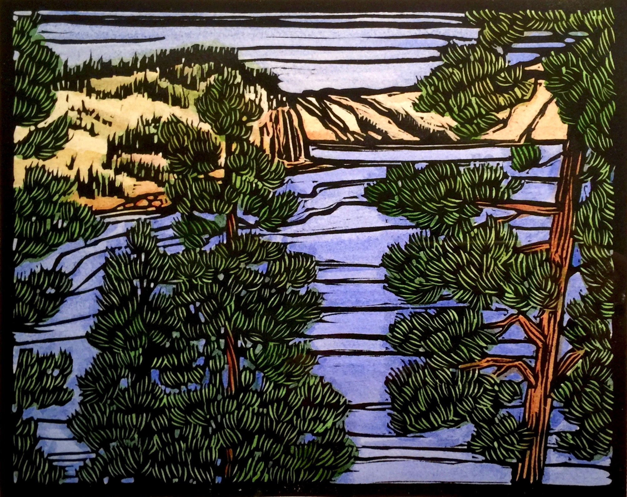 "Blue the Lake Lies" (Crater Lake) 7 x 9.5" hand-colored linocut. $125 matted. $175 framed.