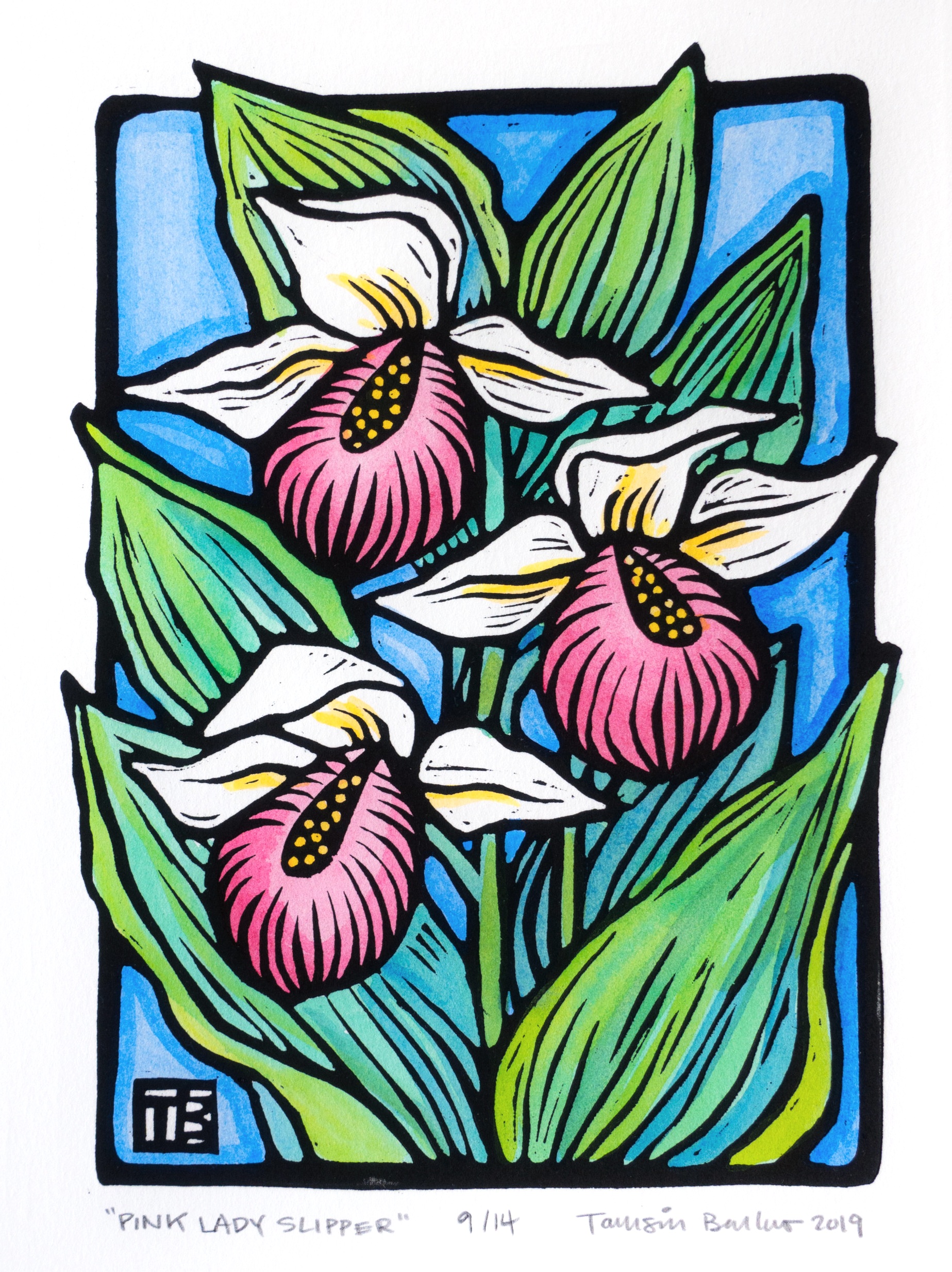 Pink Lady Slippers, 5 x 7 hand-colored linocut, $40 unmatted, $50 Matted, $100 matted and framed.