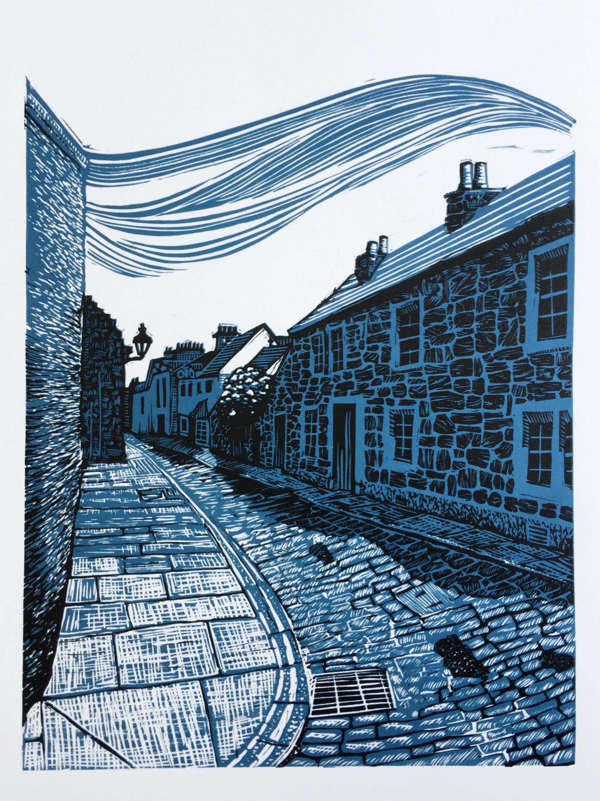 "Market Street, St. Andrews, Scotland" 11 x 14" 2-layered linocut reduction, limited edition hand print. $150 matted.
