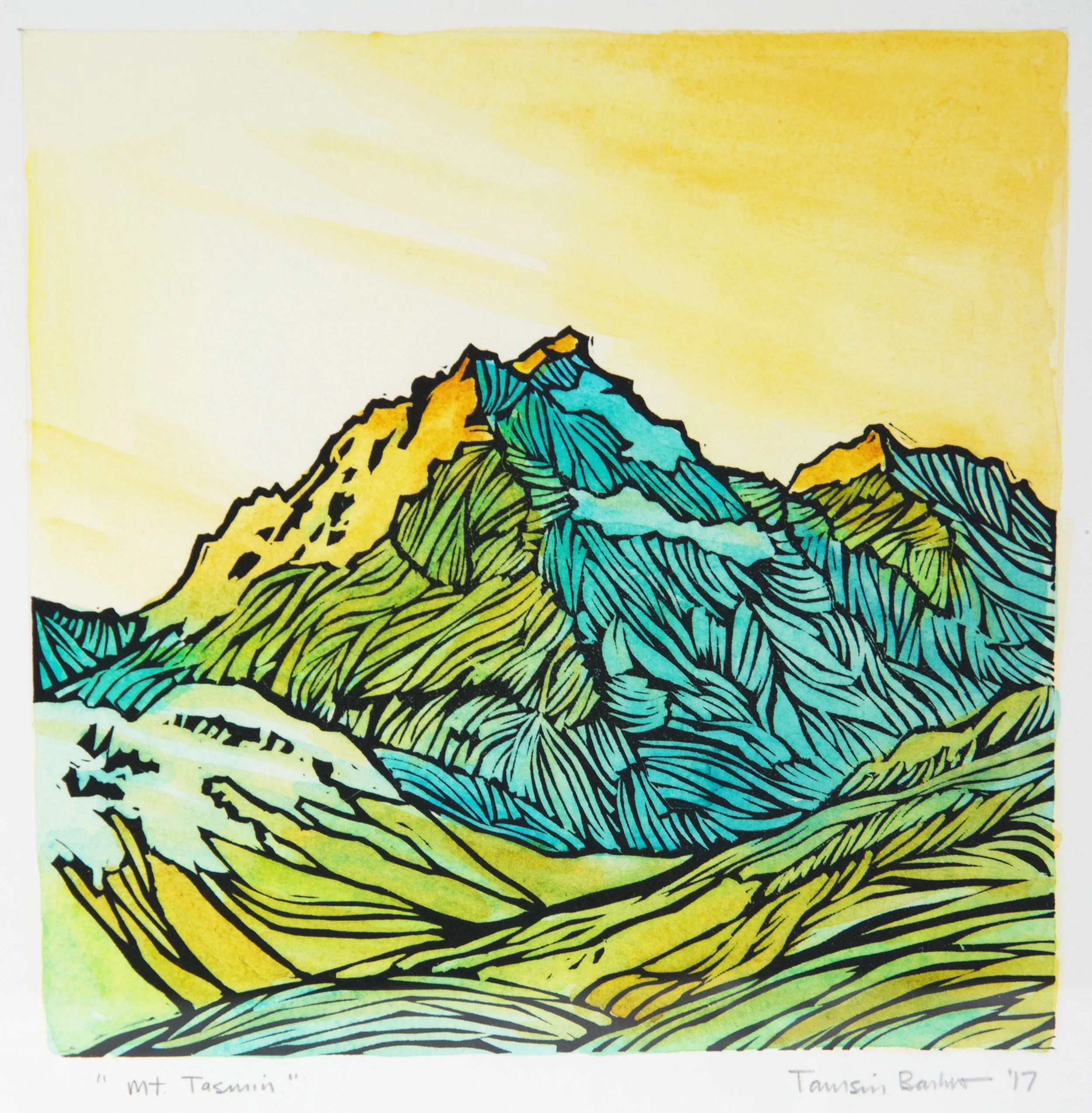 "Aoraki (Mt. Cook), New Zealand" 10 x 10" hand-colored relief print. $150 matted. $175 framed. $550 set of 4, framed