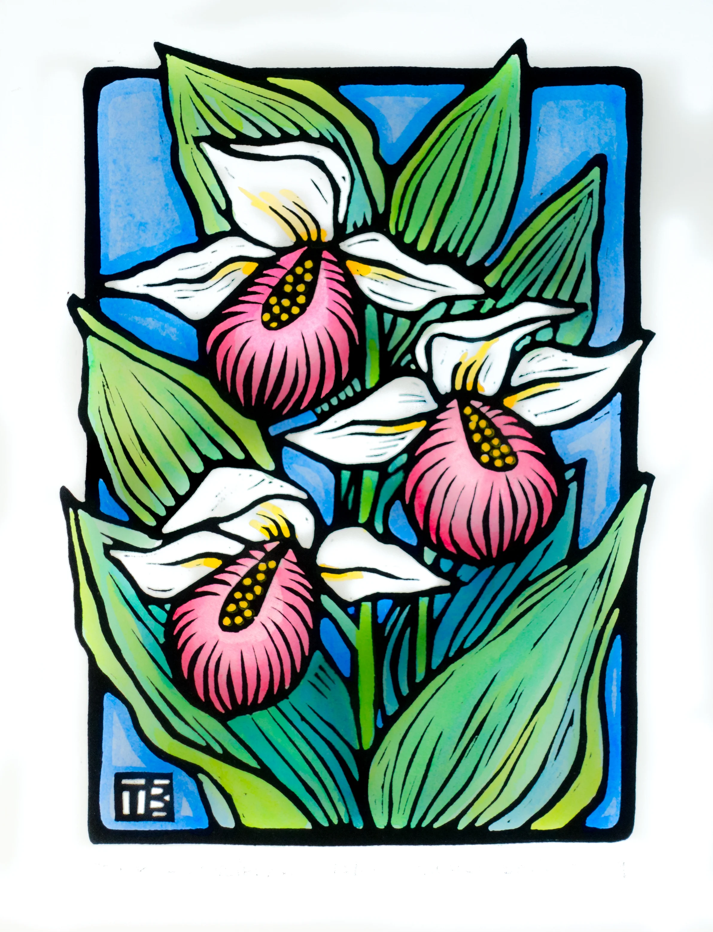 "Pink Lady Slipper" original linocut, 7 x 9" hand-colored. $50