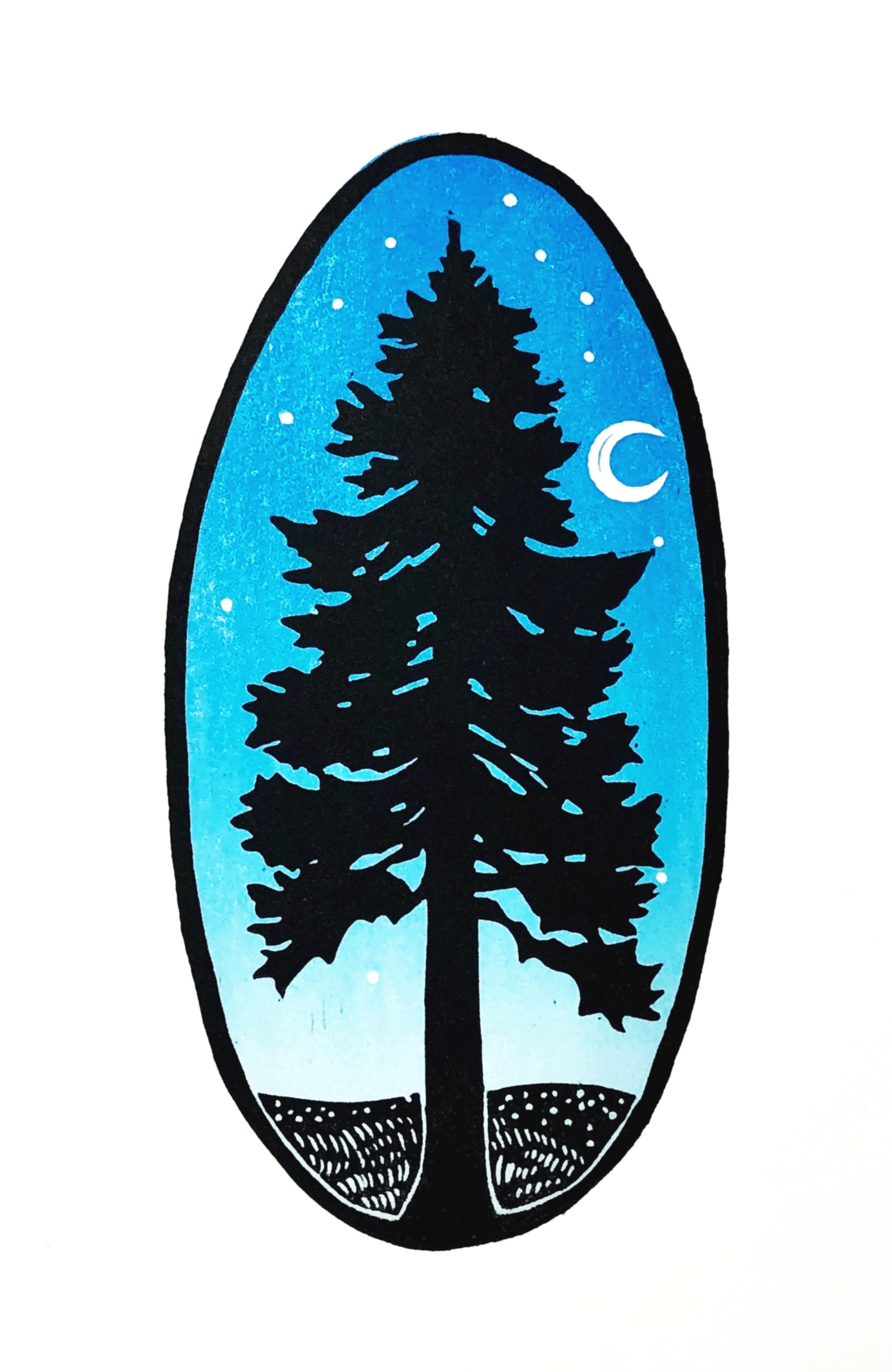 "The Moon and the Pine" 5 x 8" original reduction linocut, $50