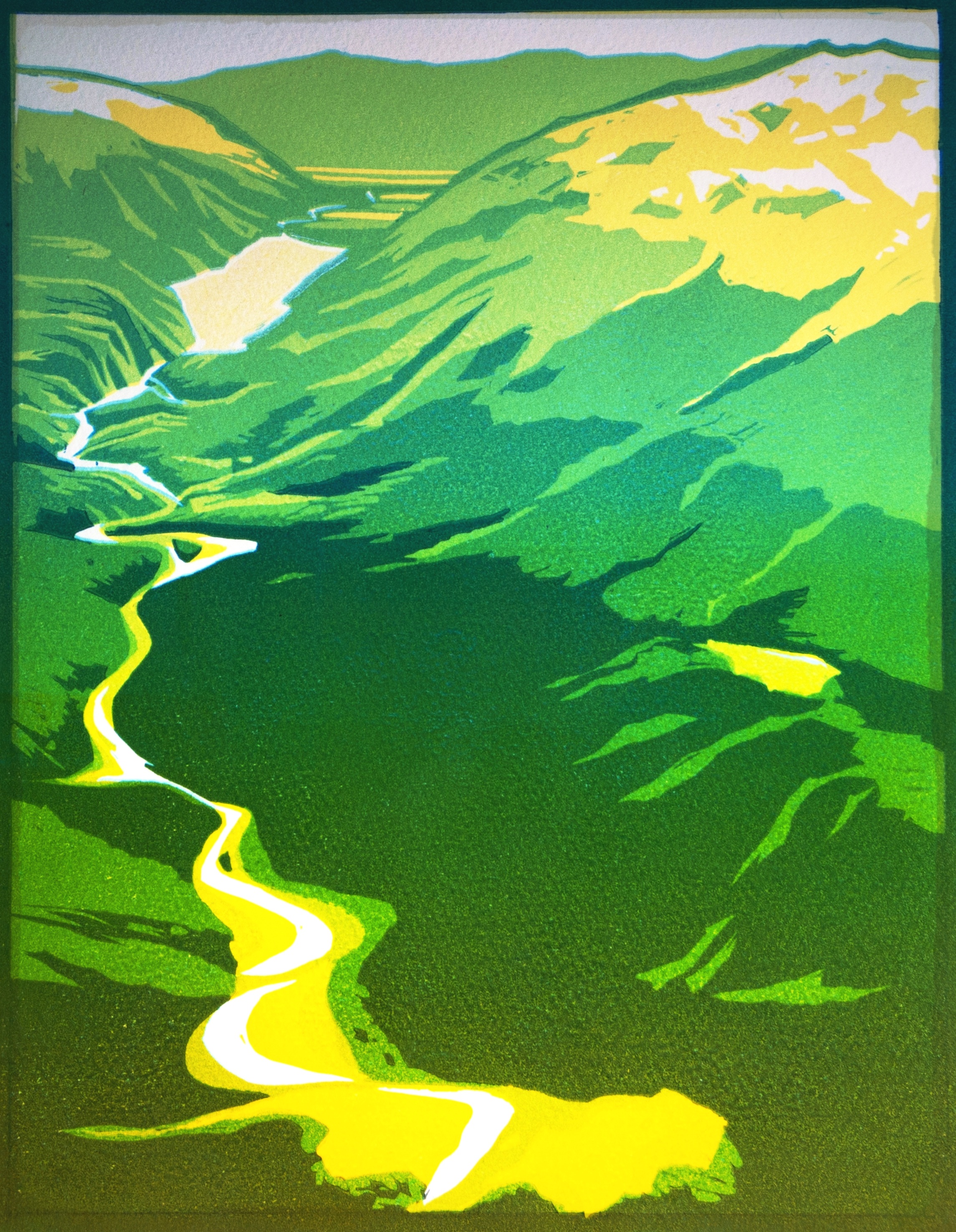 "Southland, New Zealand," 9 x 12, 5-layered linocut reduction print, limited edition. $150, matted.