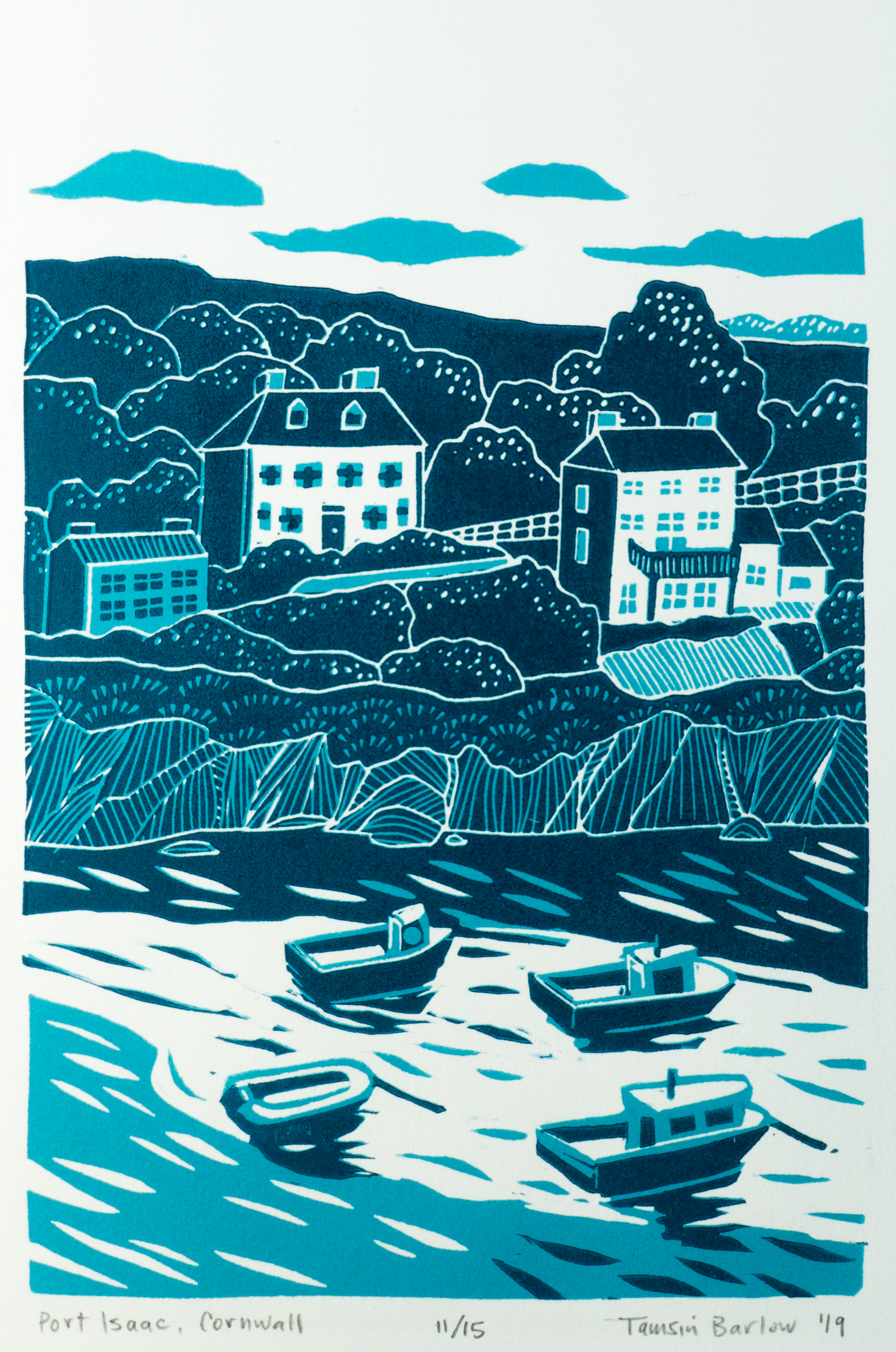 "Port Isaac, Cornwall" 7 x 9" original reduction linocut. $60