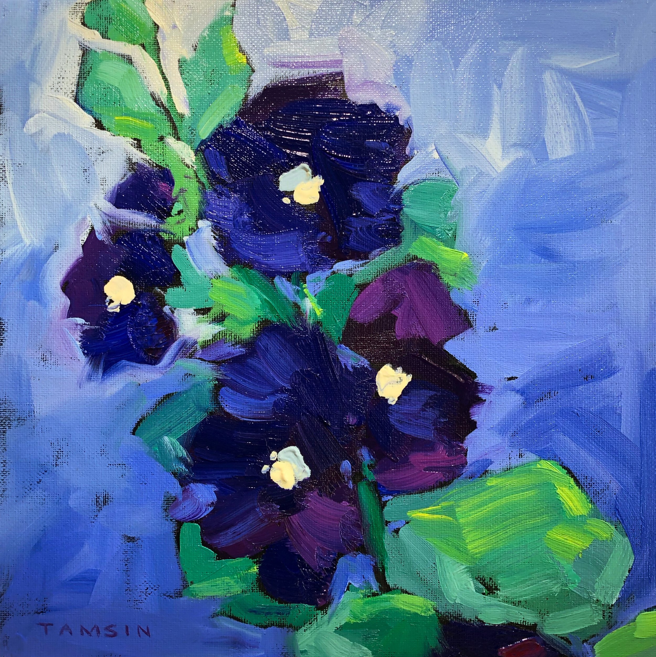 "Violet Hollyhocks" oil on canvas, 12 x 12," $300