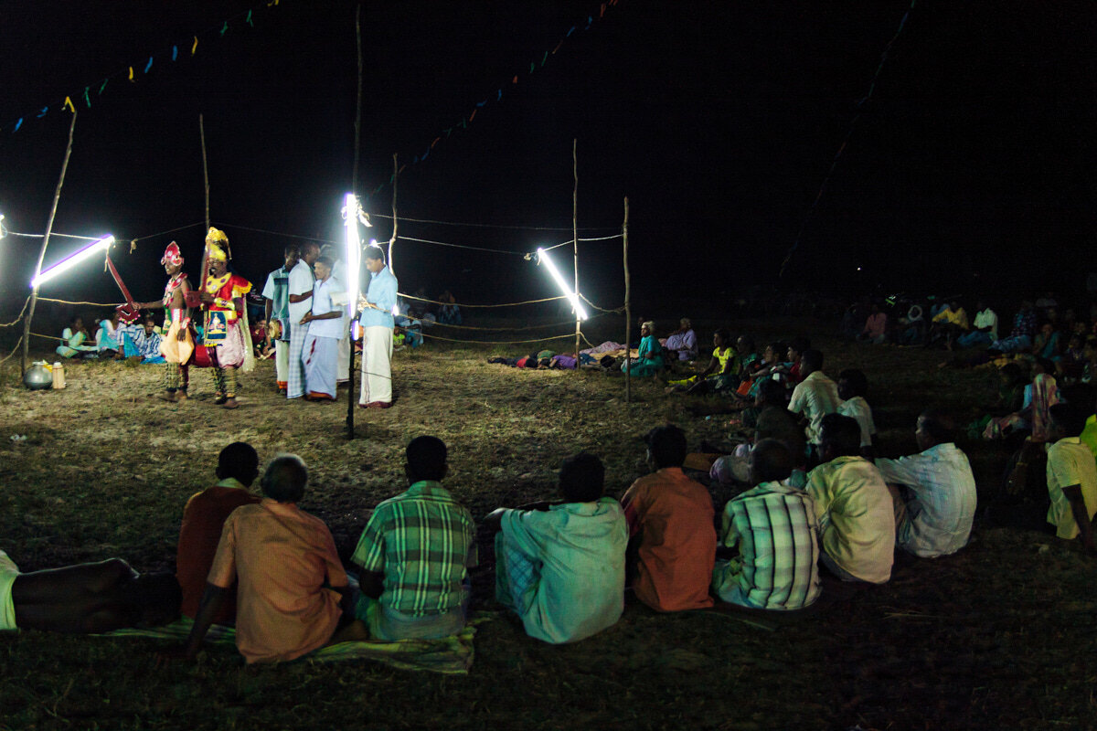  Kooththu performances gather a significant amount of people from the villages.Usually an open space of a bare land is selected, preferably near a Hindu temple.This is then converted into a kooththu theatre surrounding which the audience will sit and