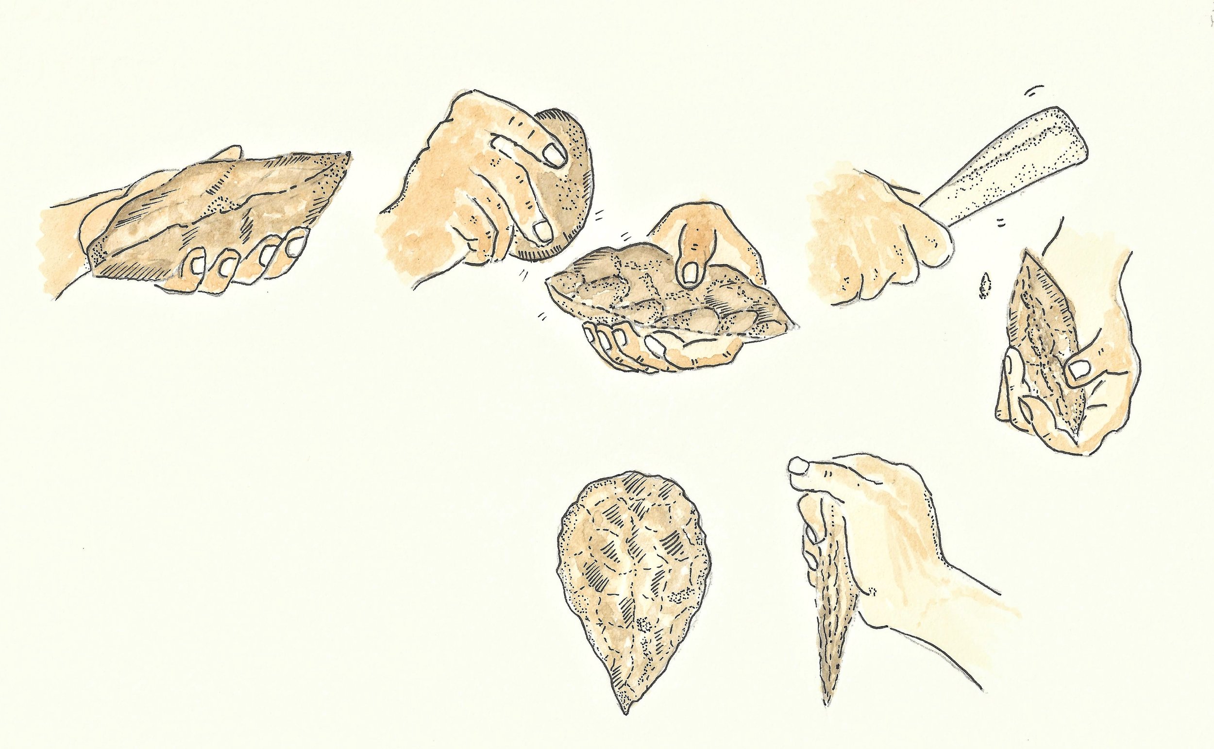 The process of knapping involves chipping a stone to create sharp edges and sometimes a symmetrical, aesthetic tool like the handaxe. (Illustration inspired by Encyclopedia Brittanica)